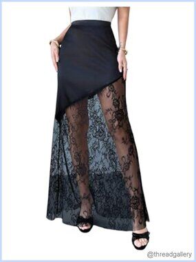 Satin Lace Maxi Skirt Y2K High Waist Sheer Long Party Skirt